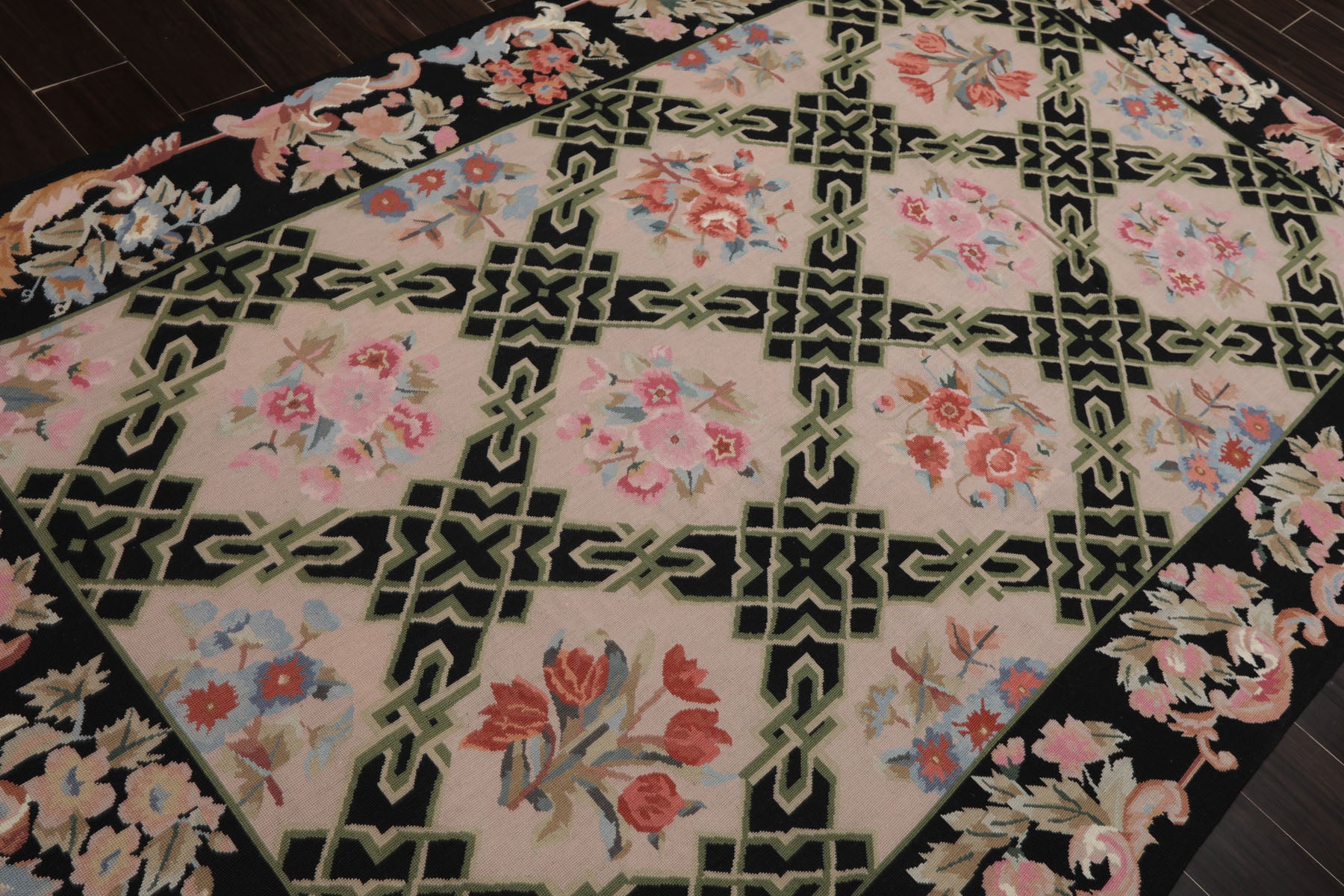5x8 Blush, Black, Aqua Color Hand Woven French Needlepoint Wool Traditional Oriental Rug