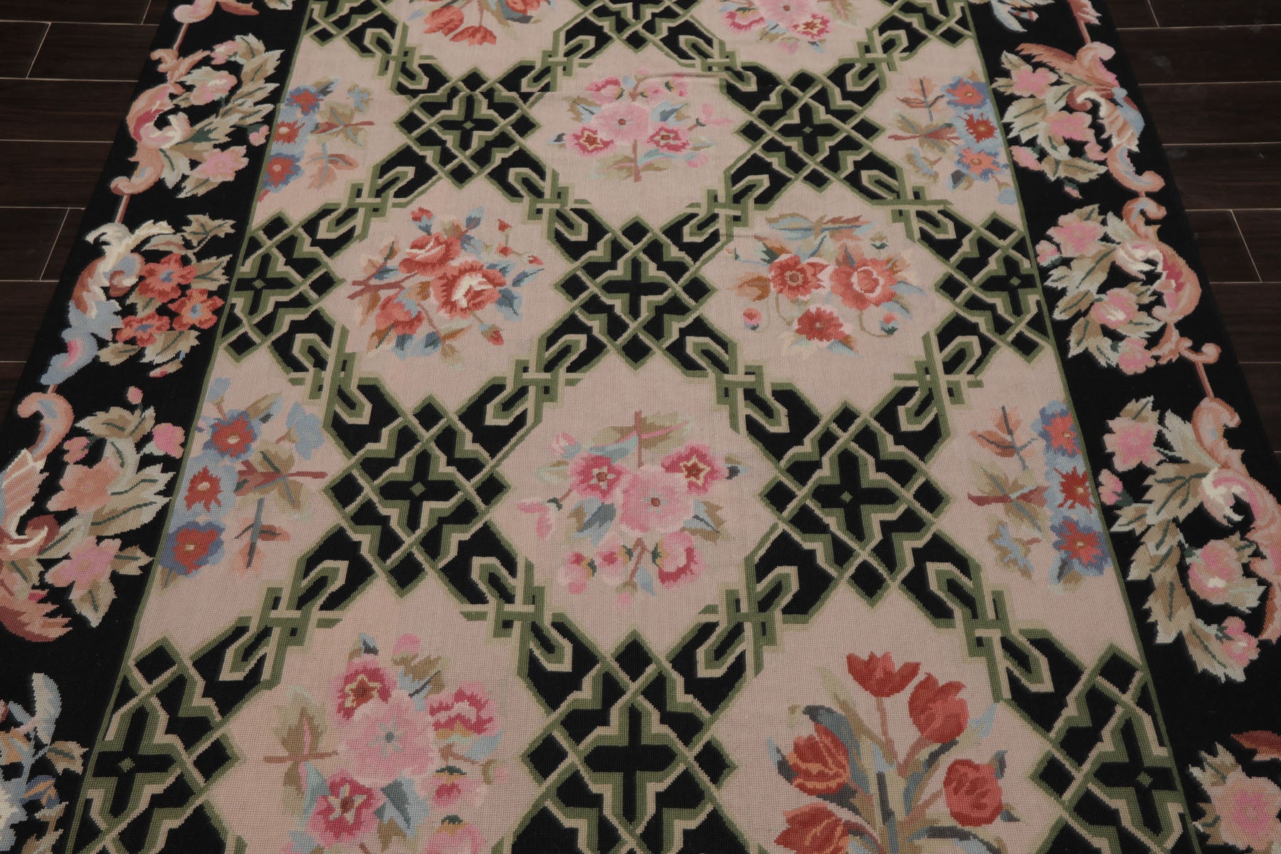 5x8 Blush, Black, Aqua Color Hand Woven French Needlepoint Wool Traditional Oriental Rug