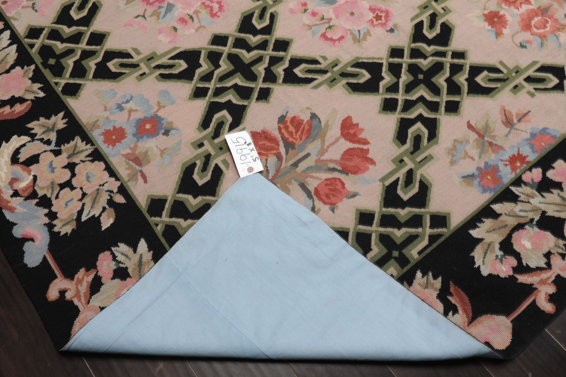 5x8 Blush, Black, Aqua Color Hand Woven French Needlepoint Wool Traditional Oriental Rug