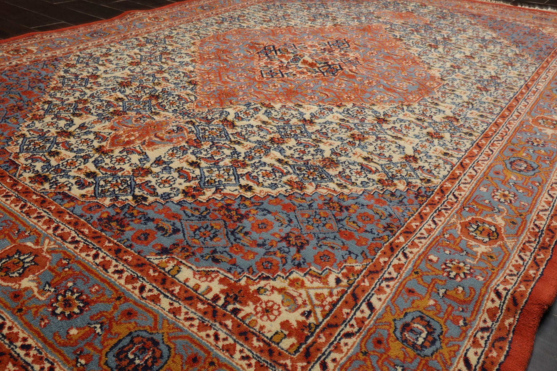 6x9 Ivory, Orange, Blue Color Hand Knotted Serapi New Zealand Wool Traditional Oriental Rug