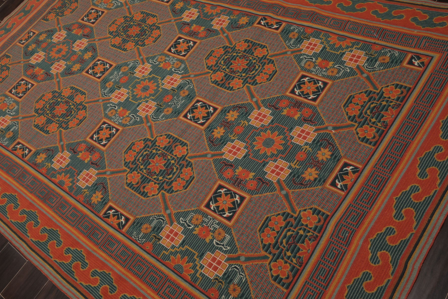 6x9 Teal, Orange, Gold Color Hand Woven French Needlepoint Wool Art Deco Oriental Rug