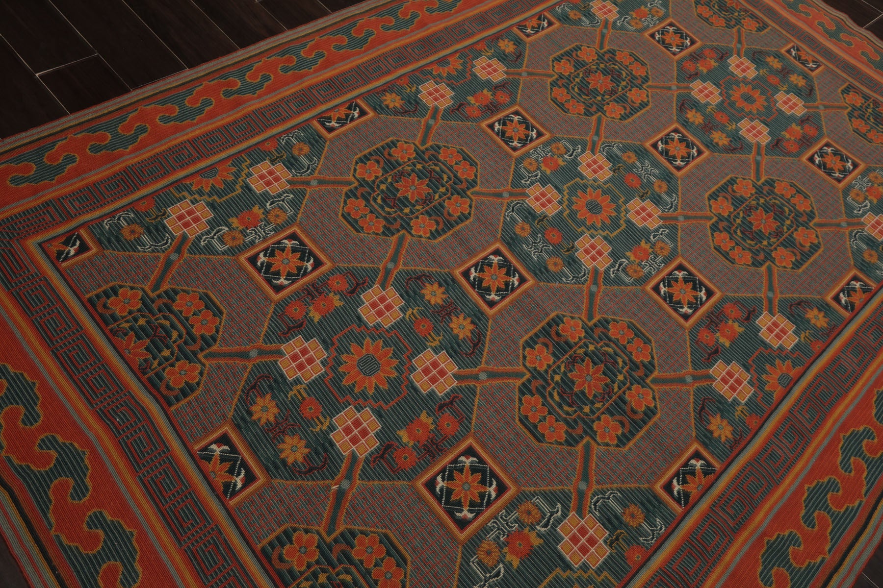 6x9 Teal, Orange, Gold Color Hand Woven French Needlepoint Wool Art Deco Oriental Rug