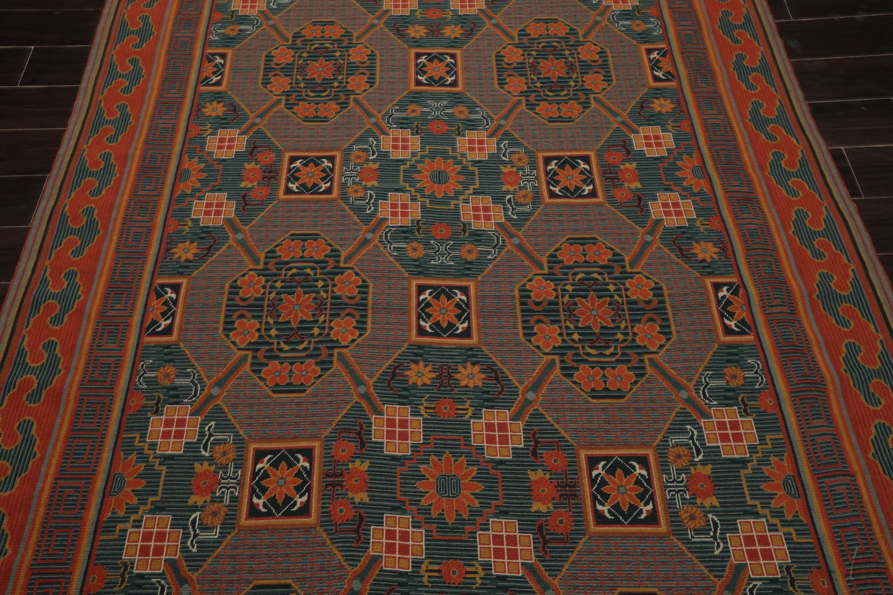 6x9 Teal, Orange, Gold Color Hand Woven French Needlepoint Wool Art Deco Oriental Rug
