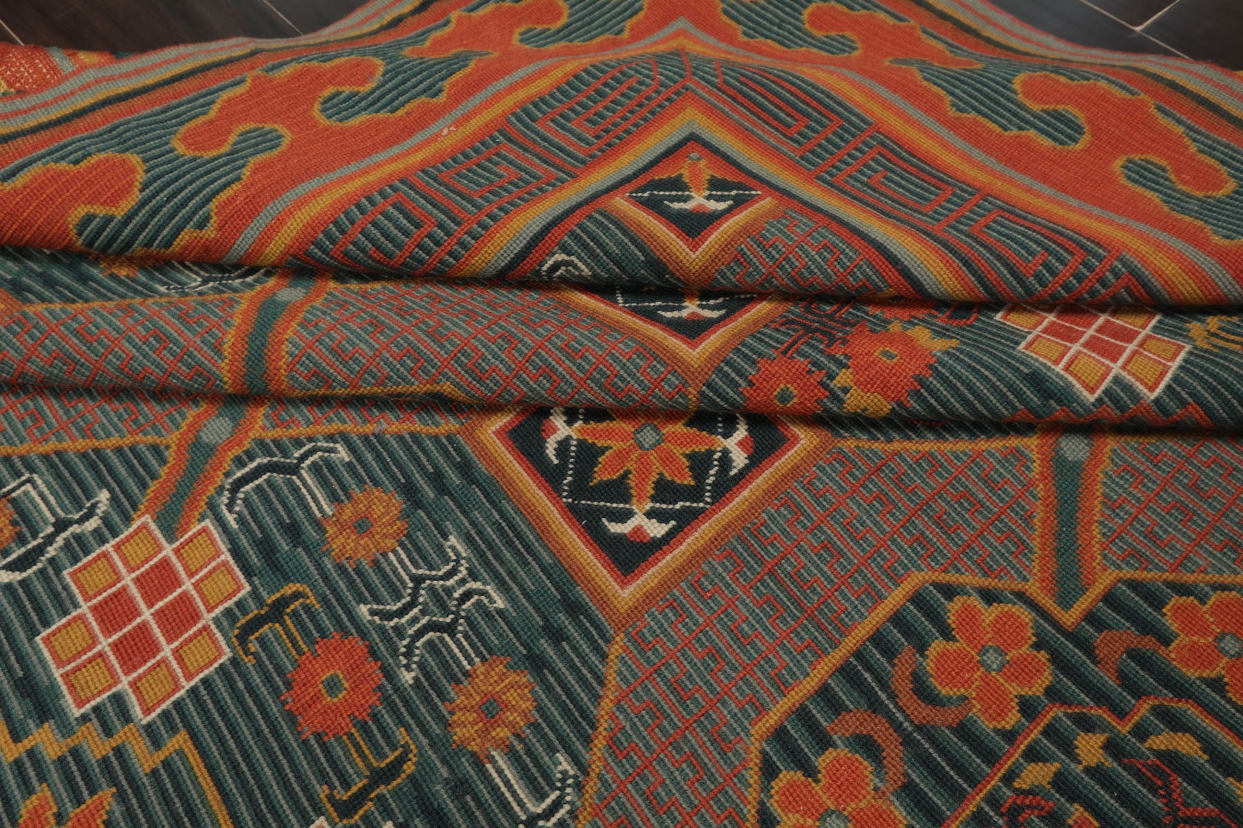 6x9 Teal, Orange, Gold Color Hand Woven French Needlepoint Wool Art Deco Oriental Rug