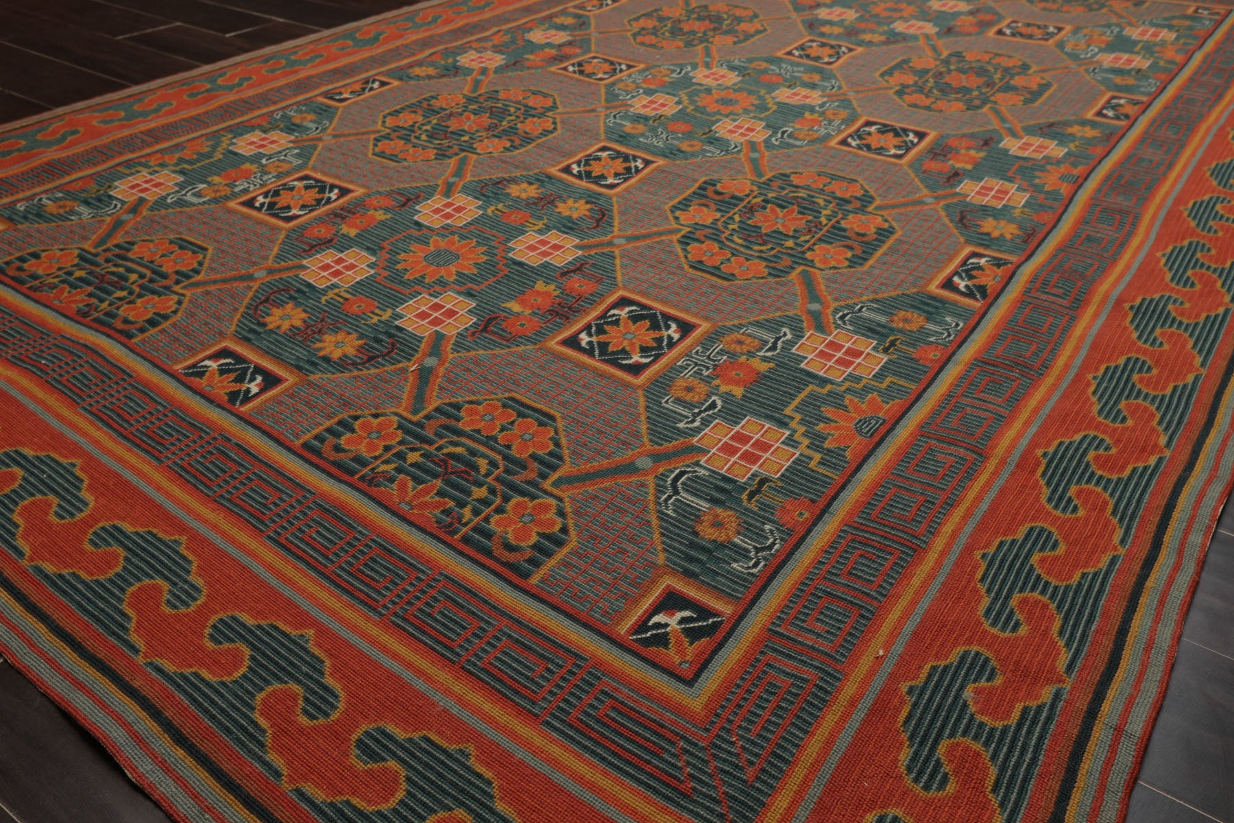 6x9 Teal, Orange, Gold Color Hand Woven French Needlepoint Wool Art Deco Oriental Rug