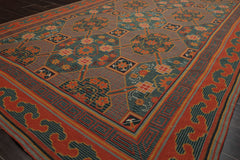 6x9 Teal, Orange, Gold Color Hand Woven French Needlepoint Wool Art Deco Oriental Rug