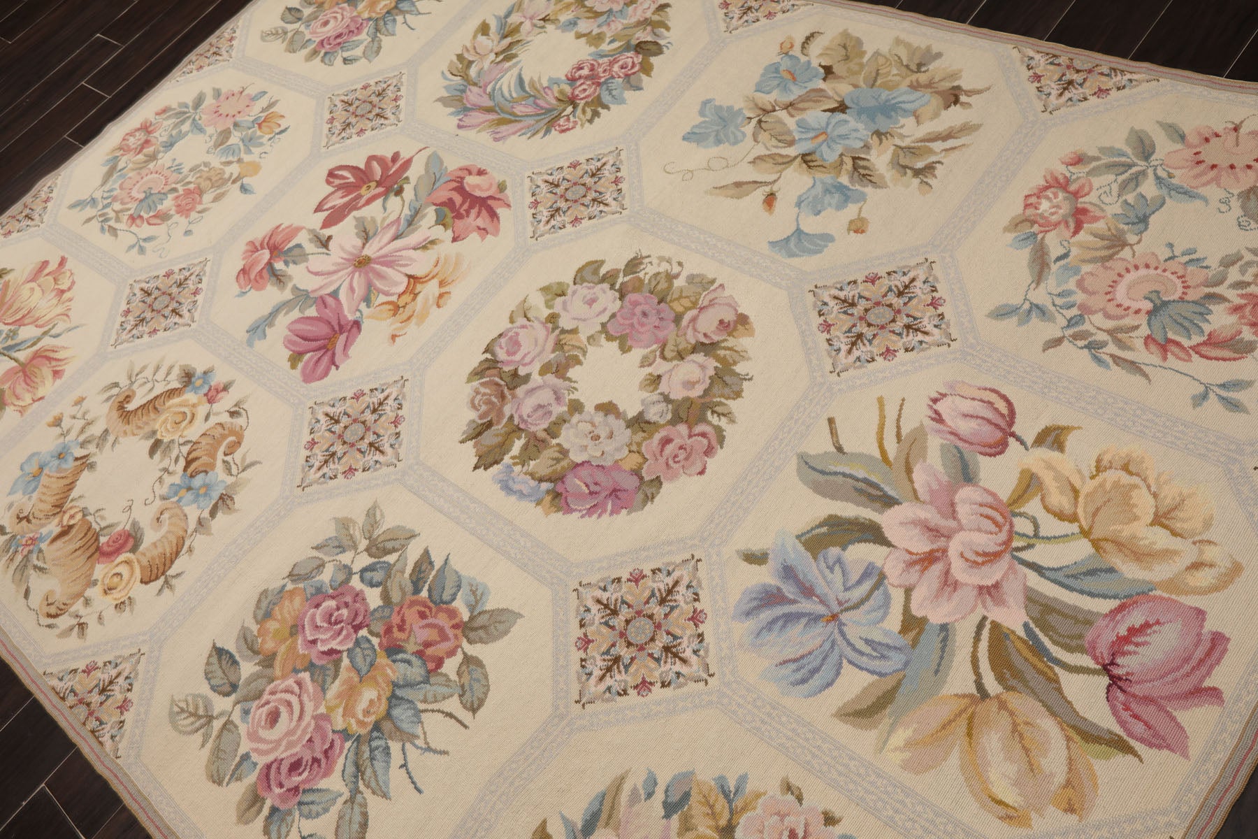 6x9 Ivory, Rose, Blue Color Hand Woven French Needlepoint Wool Traditional Oriental Rug