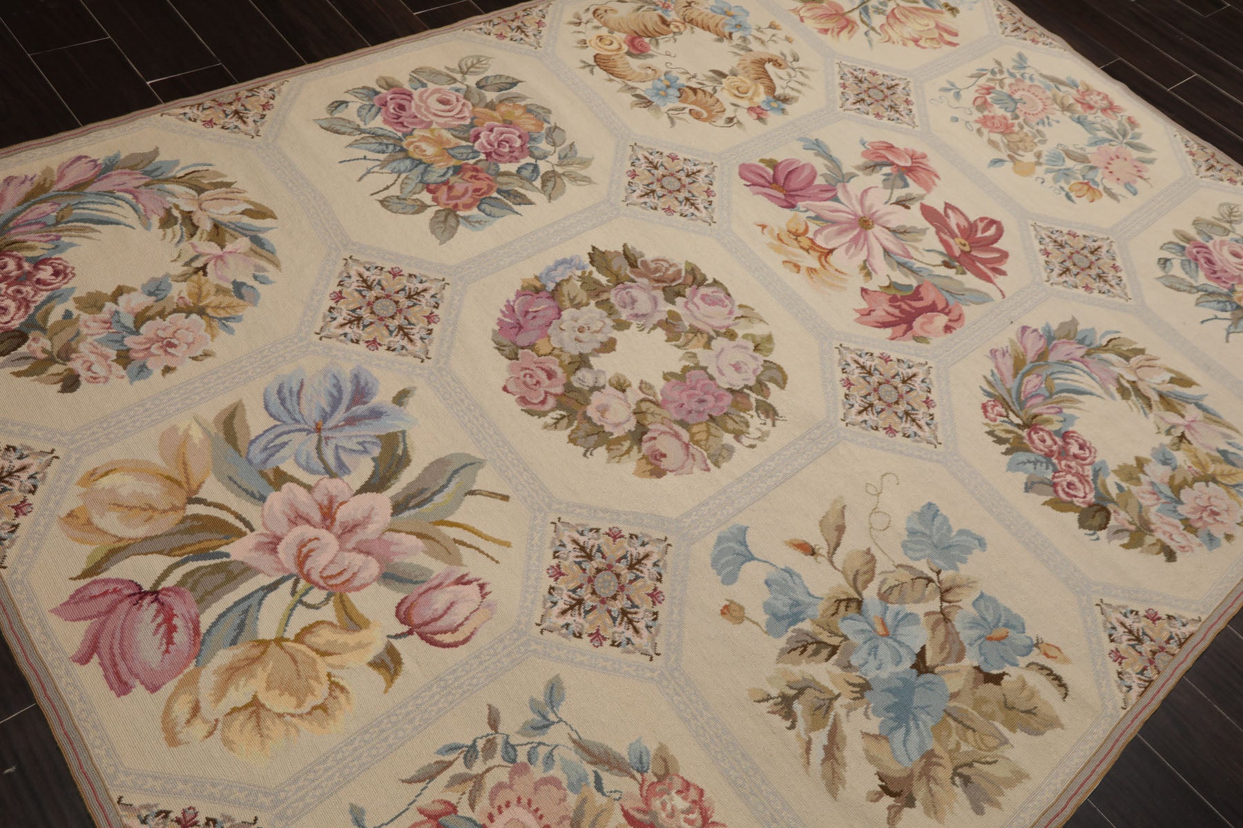 6x9 Ivory, Rose, Blue Color Hand Woven French Needlepoint Wool Traditional Oriental Rug