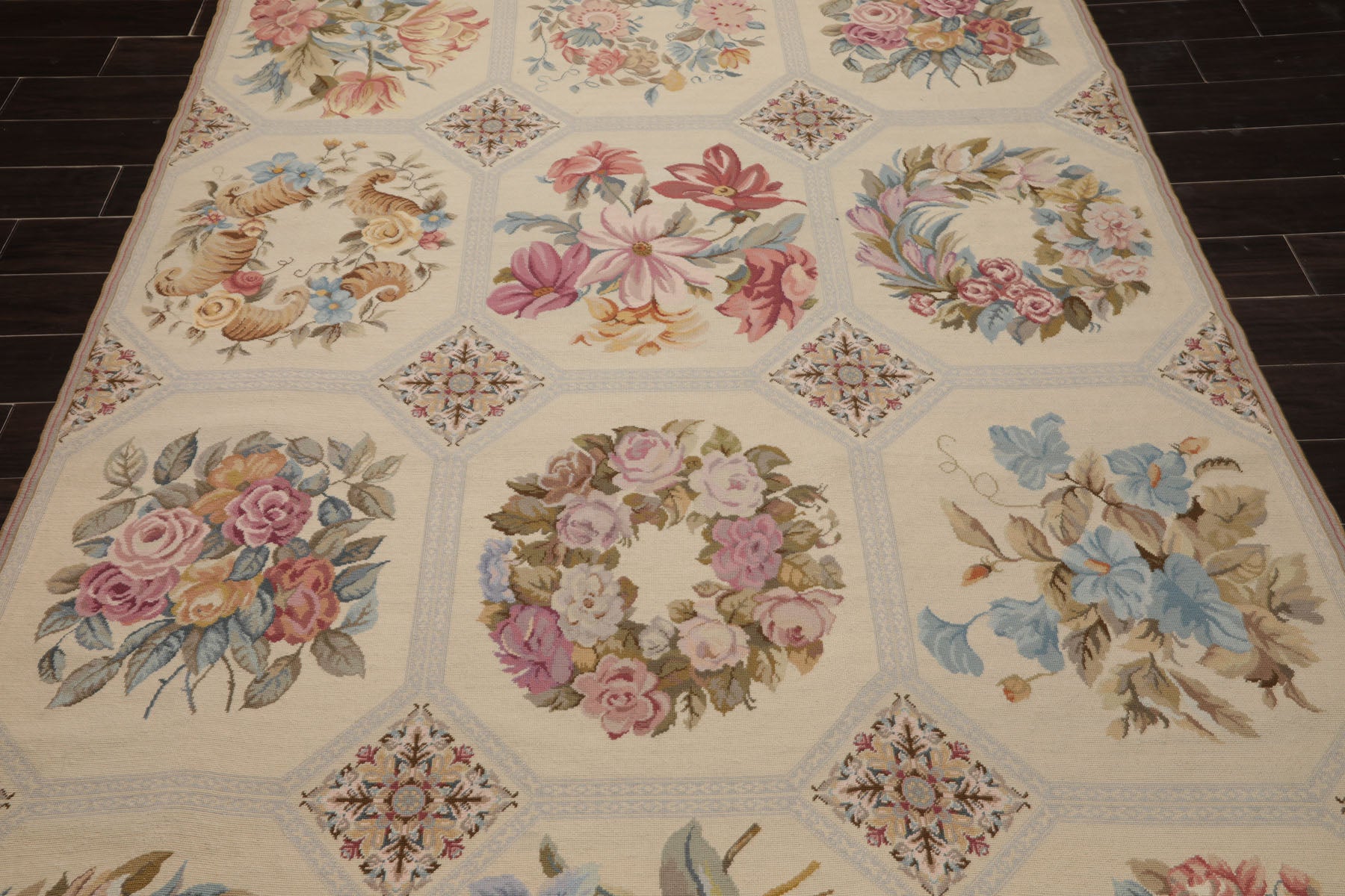 6x9 Ivory, Rose, Blue Color Hand Woven French Needlepoint Wool Traditional Oriental Rug