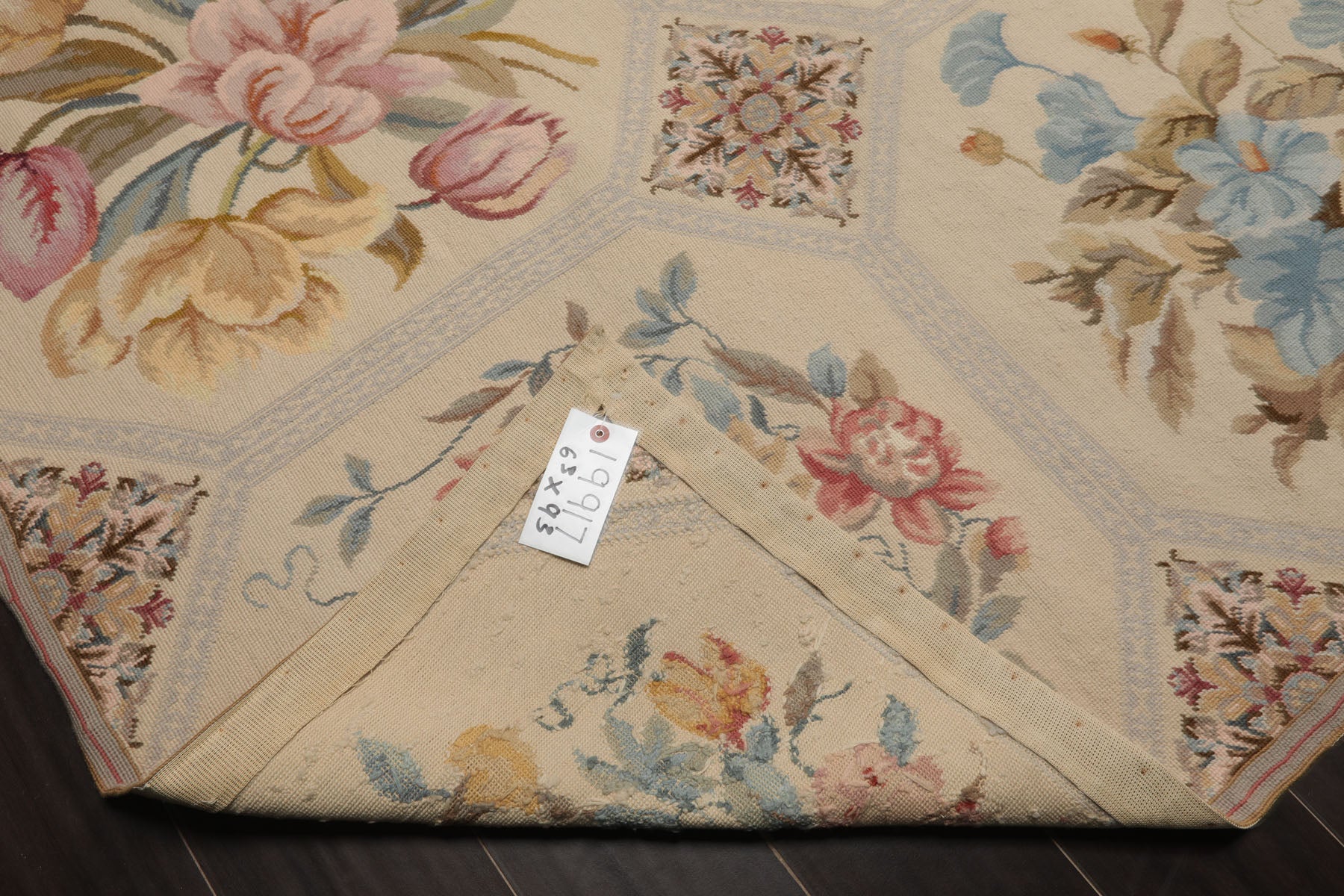 6x9 Ivory, Rose, Blue Color Hand Woven French Needlepoint Wool Traditional Oriental Rug
