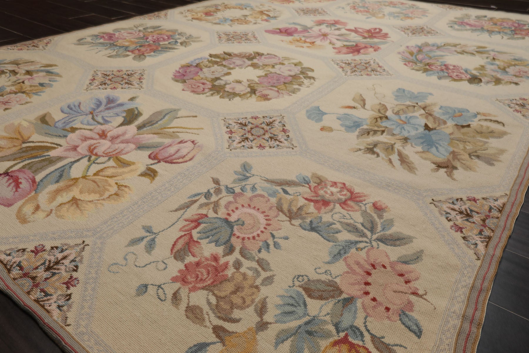 6x9 Ivory, Rose, Blue Color Hand Woven French Needlepoint Wool Traditional Oriental Rug
