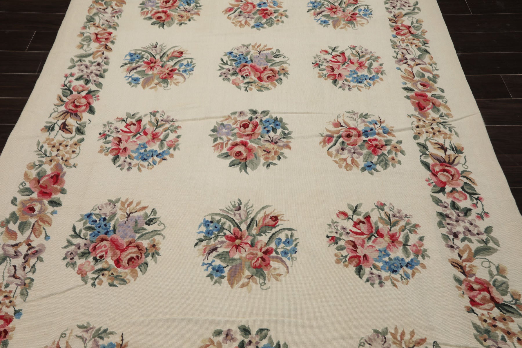 6x9 Ivory, Rose, Red Color Hand Woven French Needlepoint Wool Traditional Oriental Rug