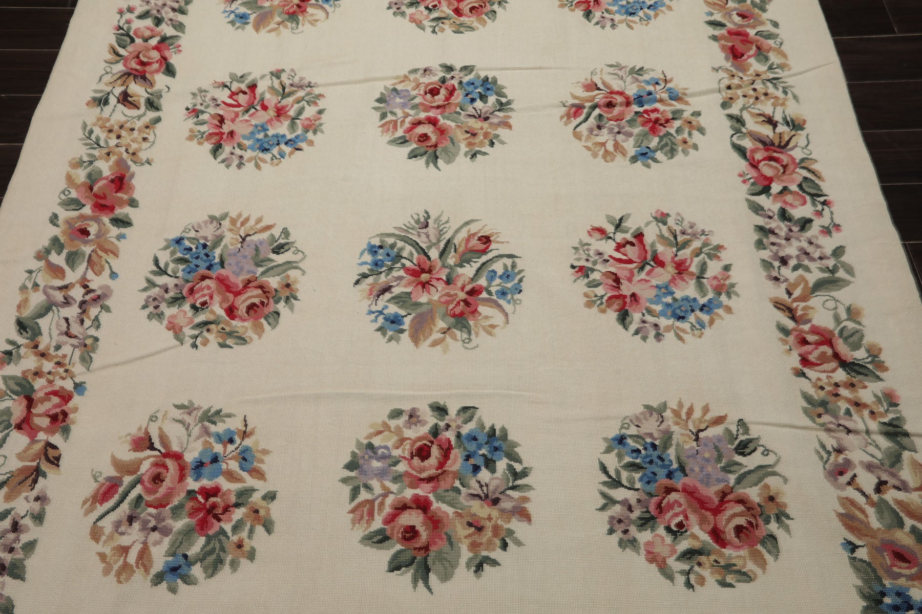 6x9 Ivory, Rose, Red Color Hand Woven French Needlepoint Wool Traditional Oriental Rug