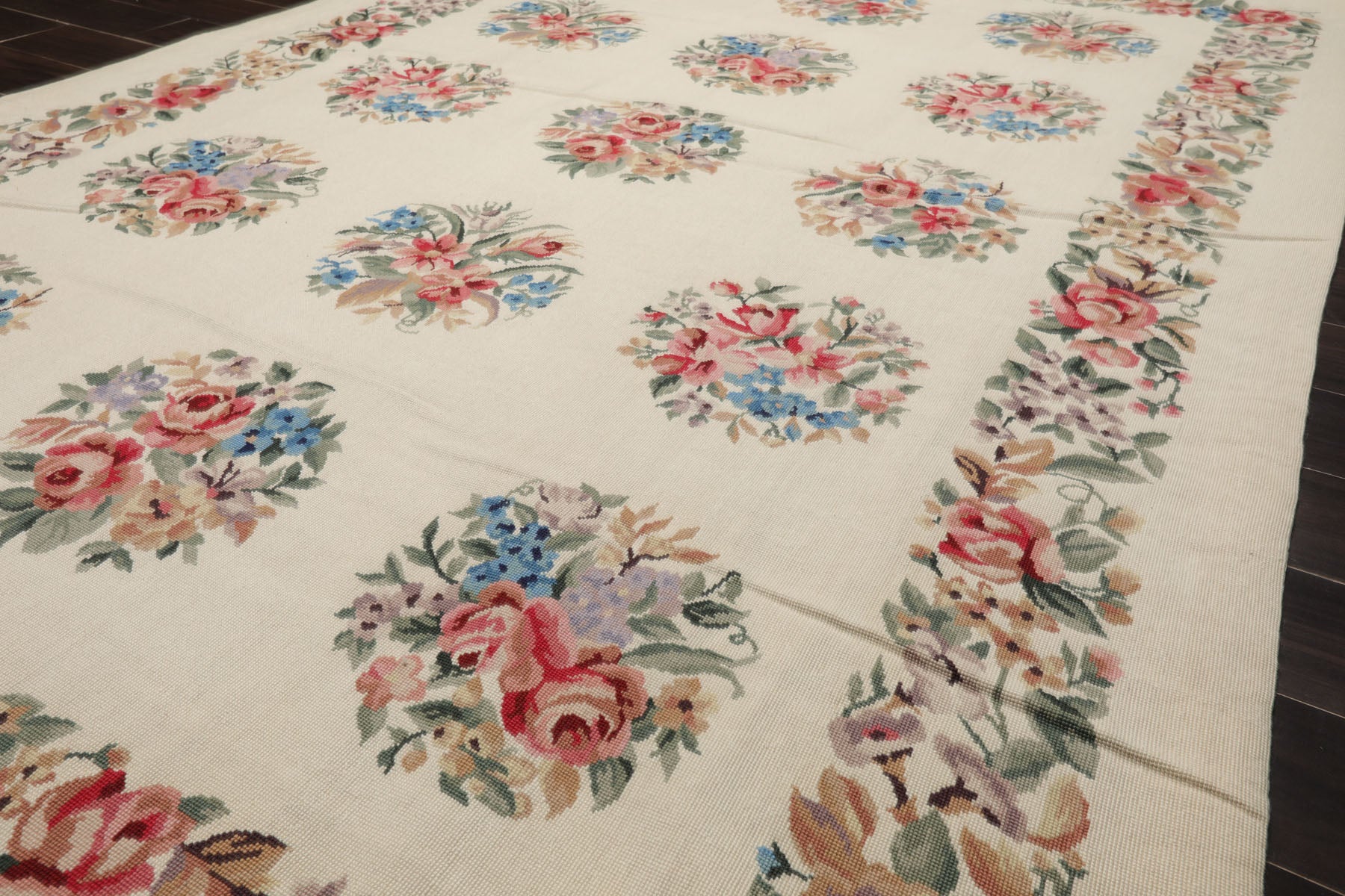 6x9 Ivory, Rose, Red Color Hand Woven French Needlepoint Wool Traditional Oriental Rug
