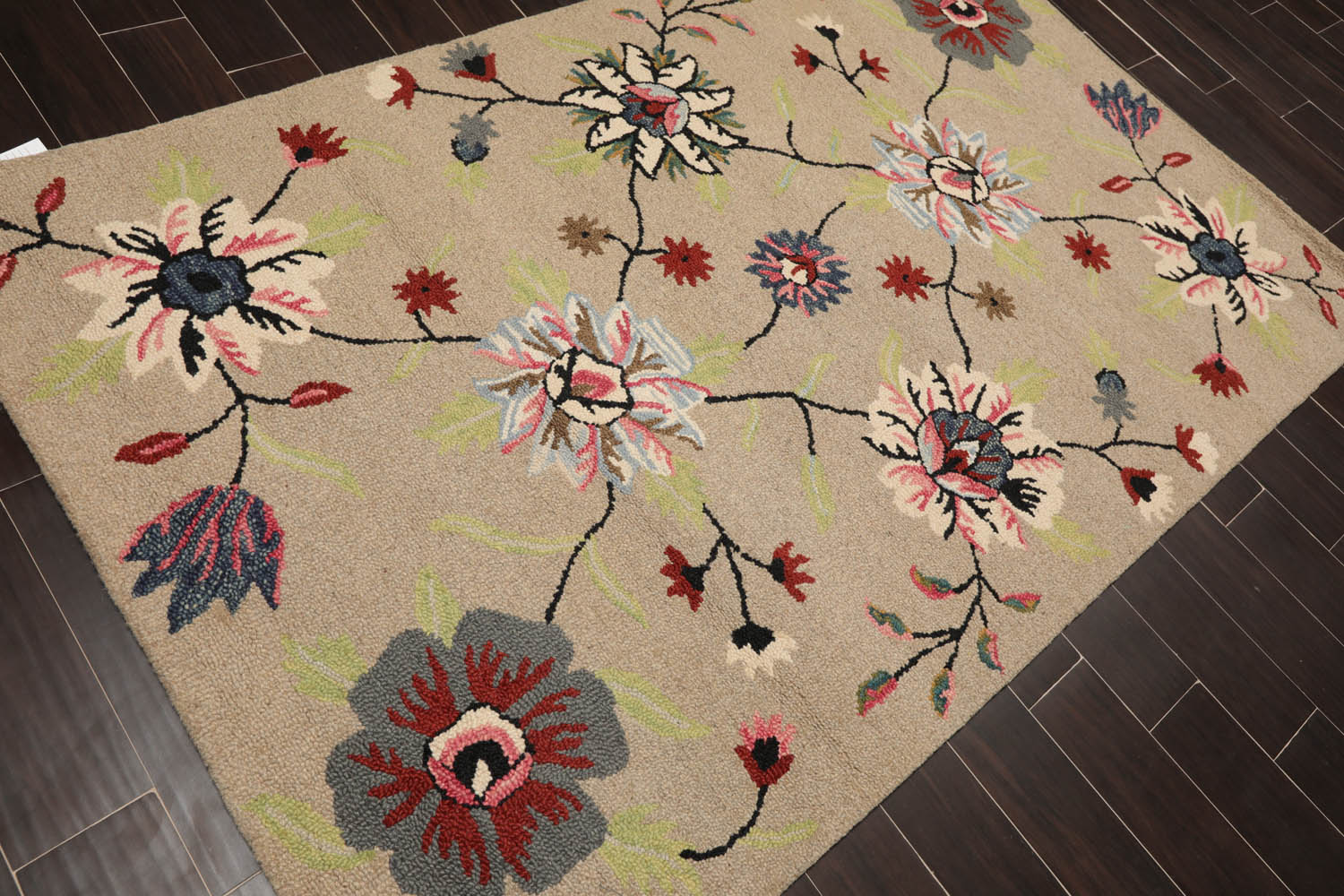 5x7 Taupe, Black, Ivory Color Hand Tufted Floral 100% Wool Transitional Oriental Rug