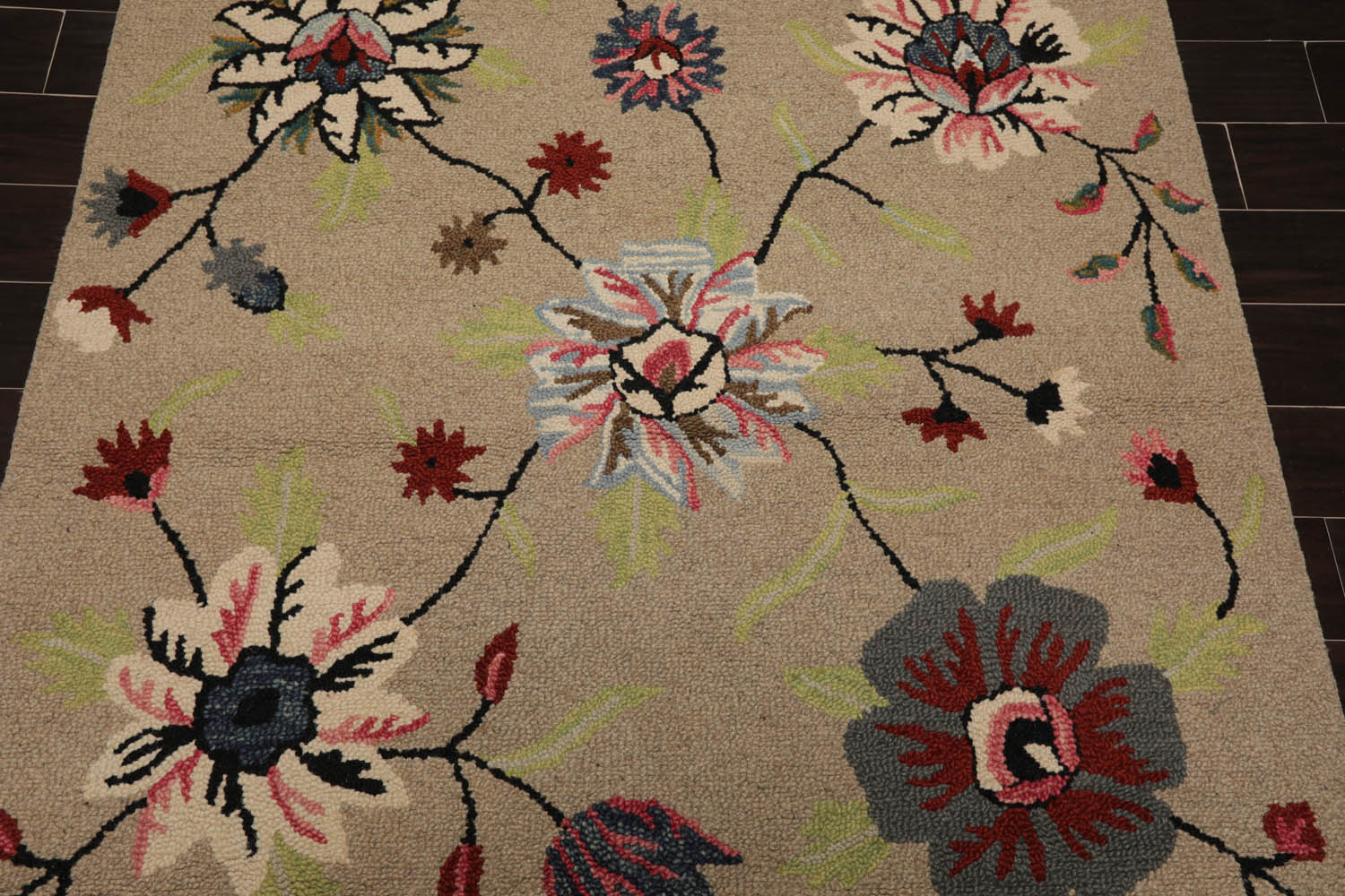 5x7 Taupe, Black, Ivory Color Hand Tufted Floral 100% Wool Transitional Oriental Rug