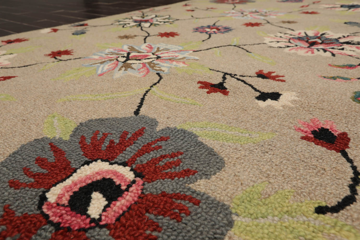 5x7 Taupe, Black, Ivory Color Hand Tufted Floral 100% Wool Transitional Oriental Rug