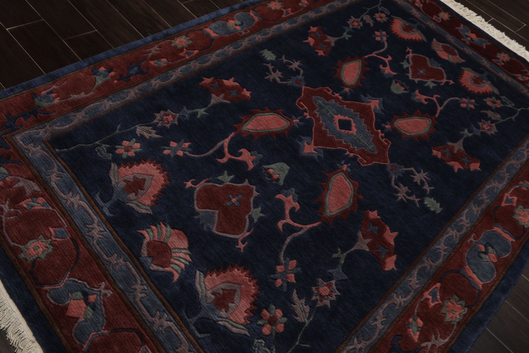 5x8 Navy, Rose, Blush Color Hand Knotted Tibetan New Zealand Wool Arts & Crafts Oriental Rug
