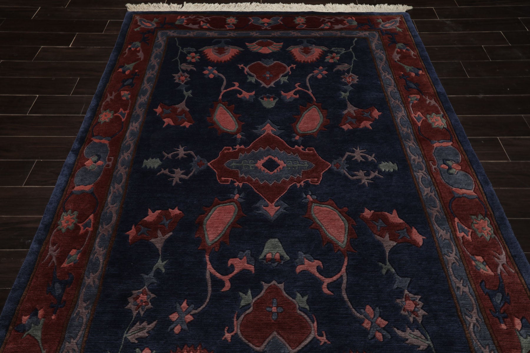 5x8 Navy, Rose, Blush Color Hand Knotted Tibetan New Zealand Wool Arts & Crafts Oriental Rug
