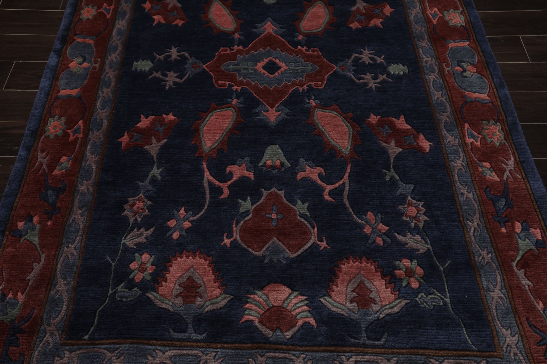 5x8 Navy, Rose, Blush Color Hand Knotted Tibetan New Zealand Wool Arts & Crafts Oriental Rug