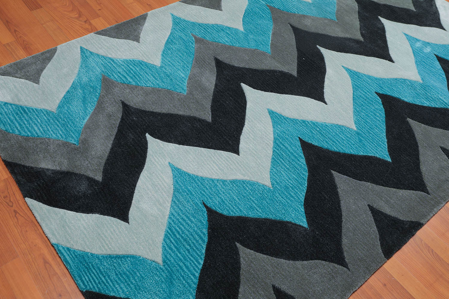 5x7 Gray, Charcoal, Aqua Color Hand Tufted All-Over 100% Polyster Contemporary Oriental Rug