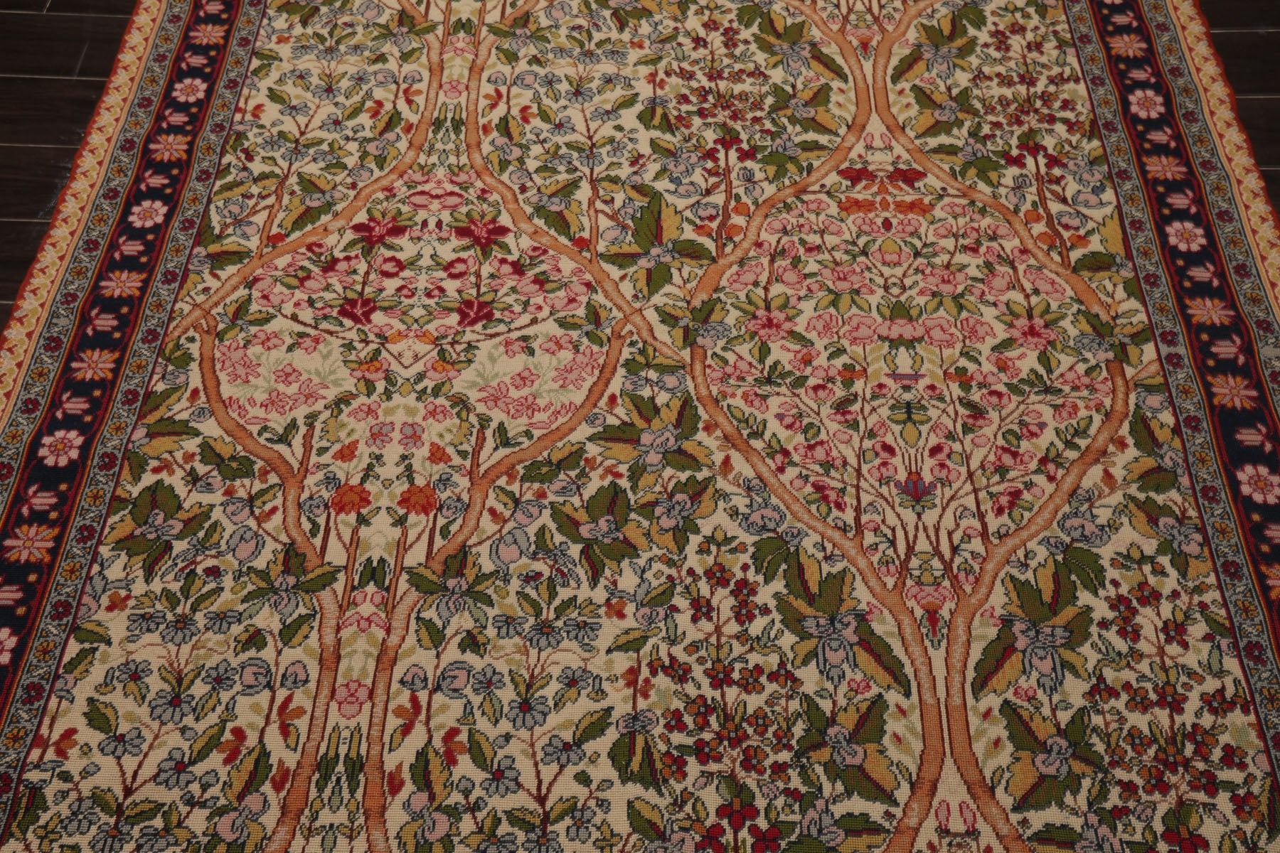 5x8 Ivory, Black, Rose Color Hand Woven French Needlepoint Wool Traditional Oriental Rug