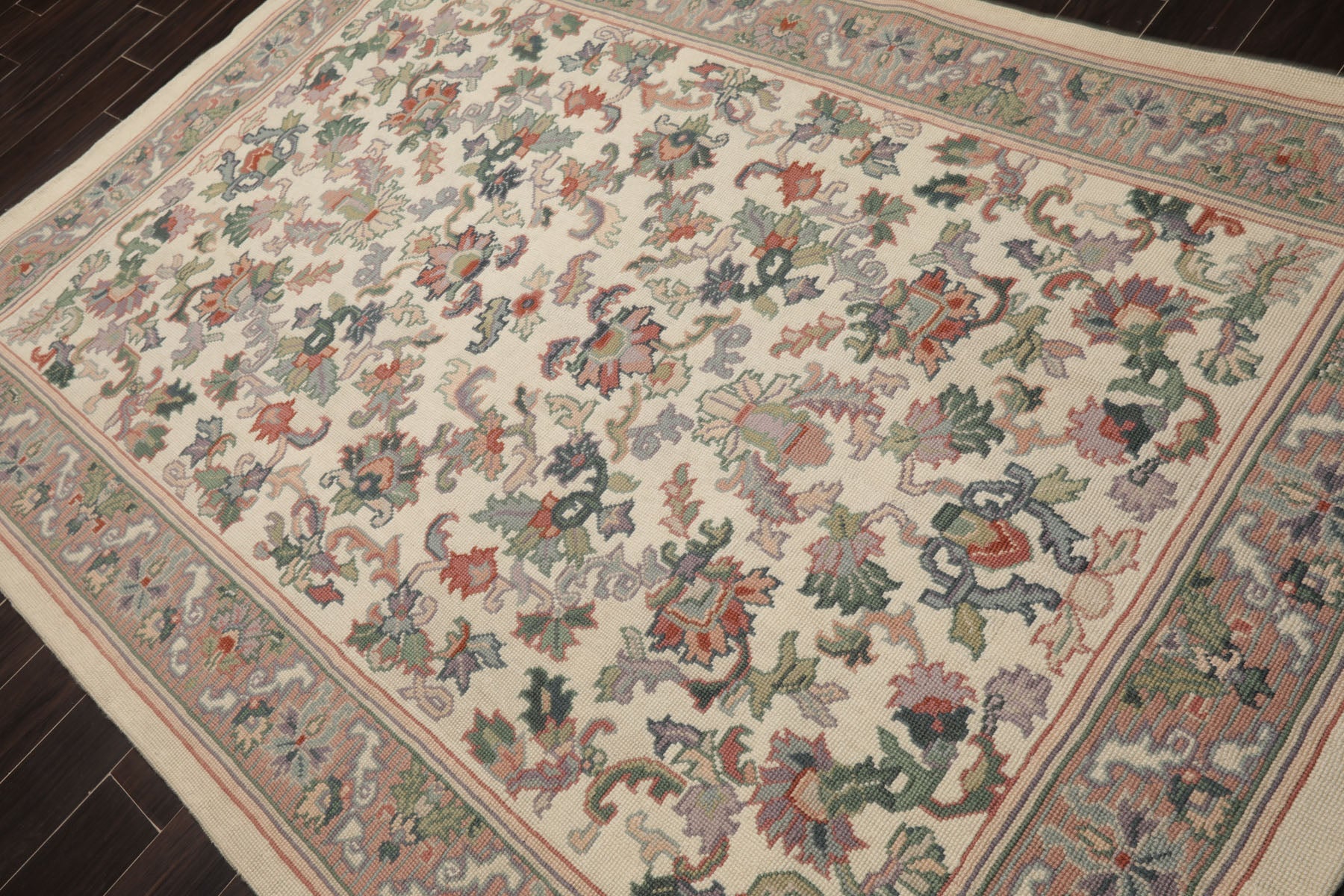 6x8 Ivory, Rose, Sage Color Hand Woven Needlepoint Wool Traditional Oriental Rug