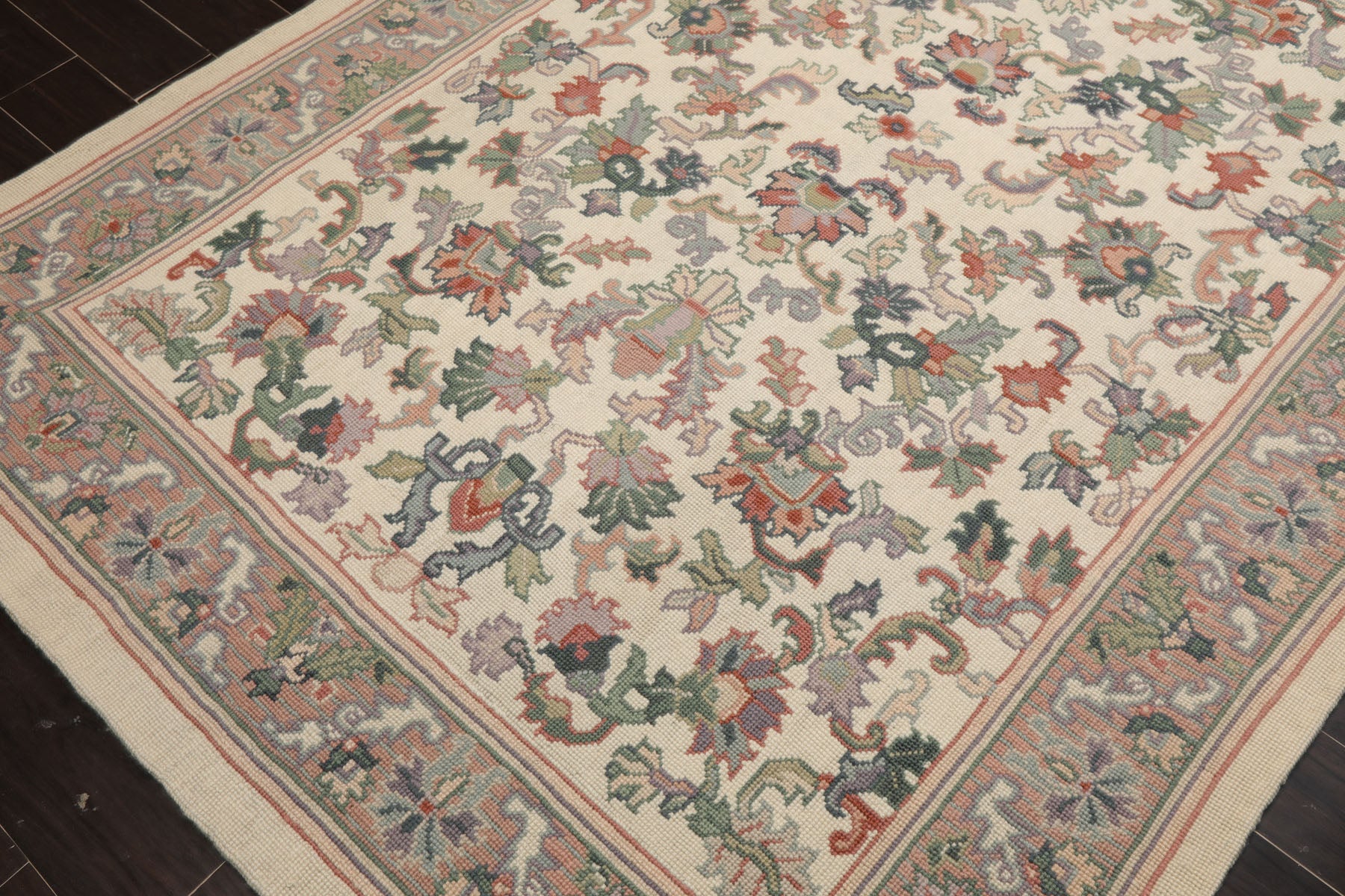 6x8 Ivory, Rose, Sage Color Hand Woven Needlepoint Wool Traditional Oriental Rug