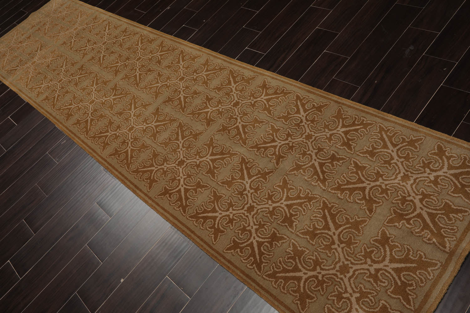 Runner Moss, Brown, Beige Color Hand Knotted All-Over 100% Wool Traditional Oriental Rug