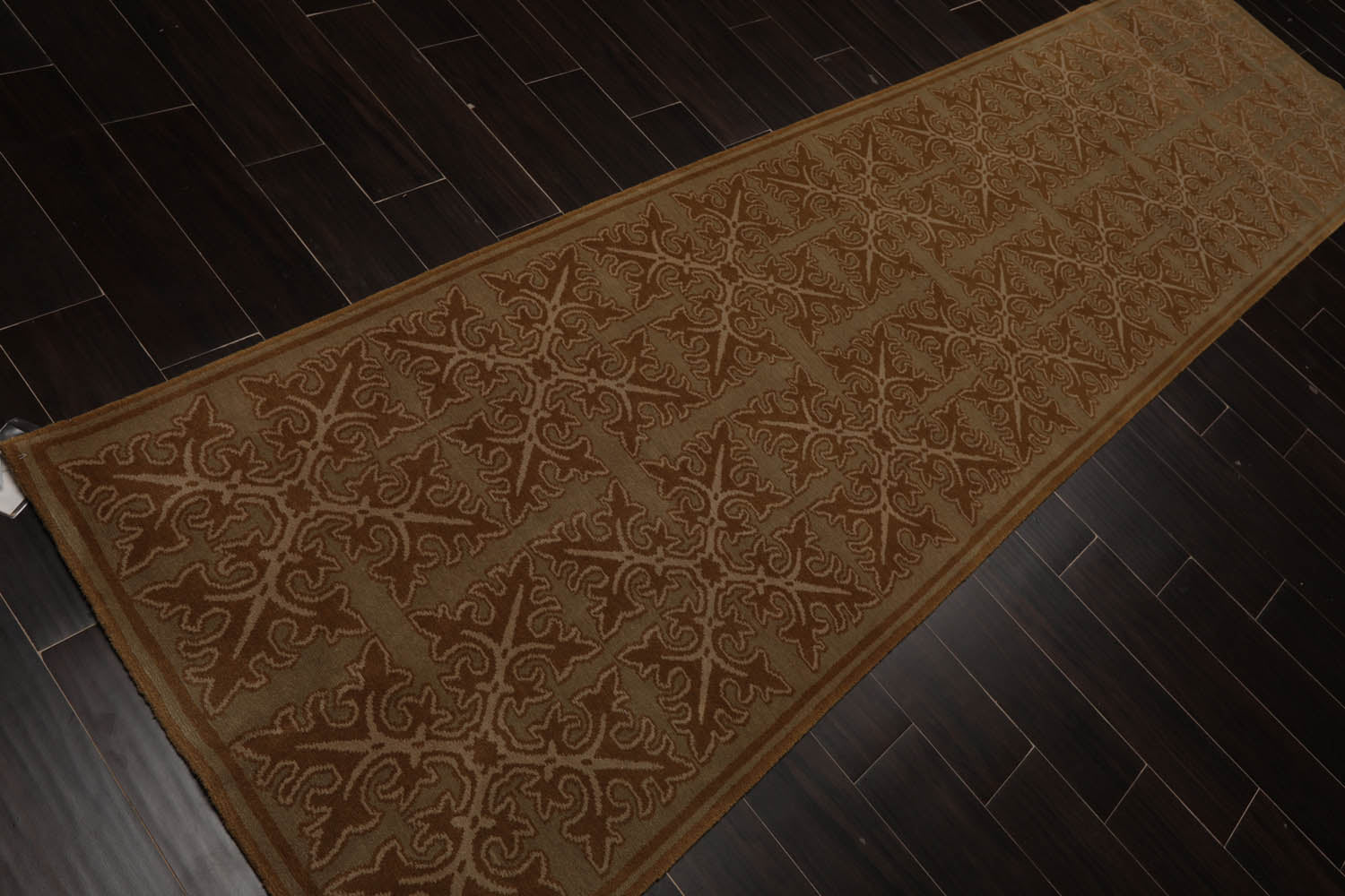 Runner Moss, Brown, Beige Color Hand Knotted All-Over 100% Wool Traditional Oriental Rug