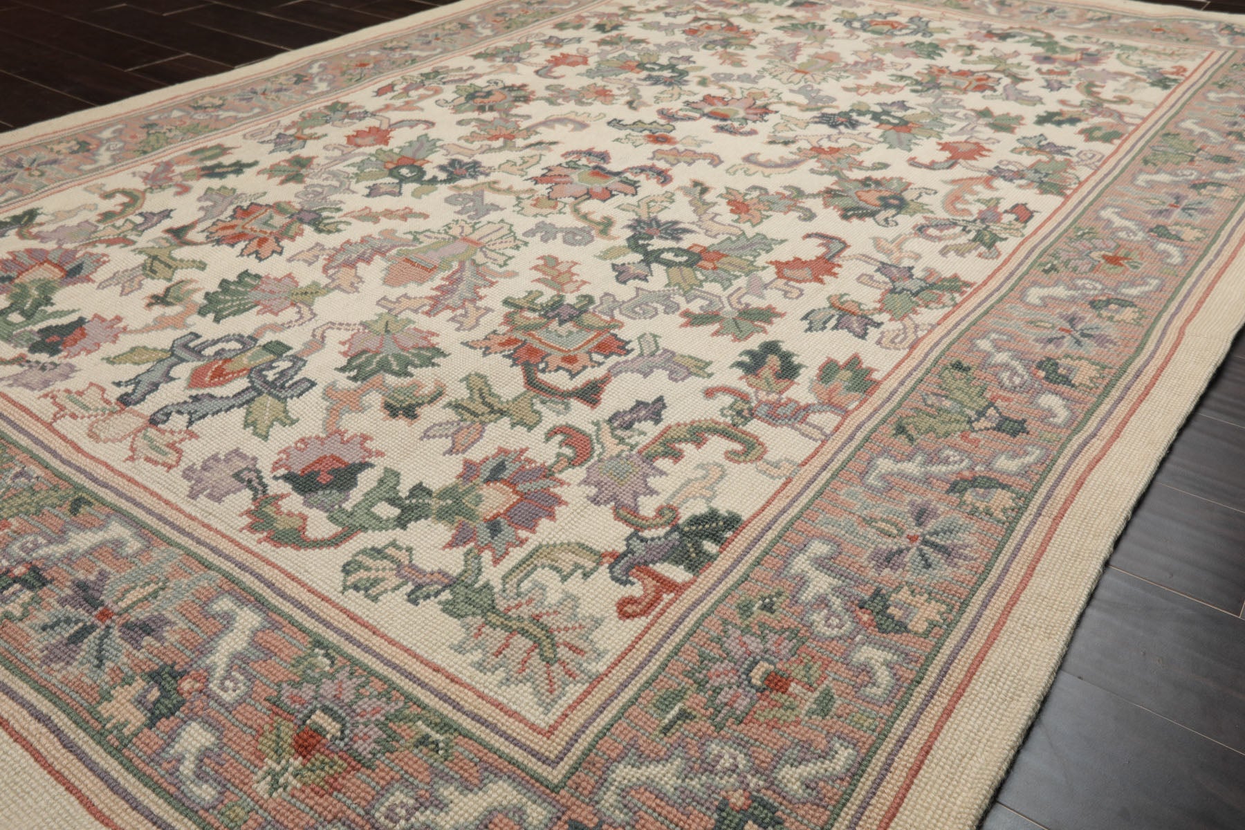 6x8 Ivory, Rose, Sage Color Hand Woven Needlepoint Wool Traditional Oriental Rug