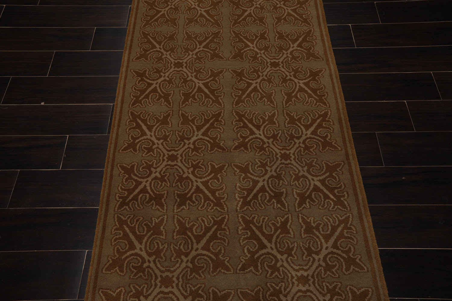 Runner Moss, Brown, Beige Color Hand Knotted All-Over 100% Wool Traditional Oriental Rug