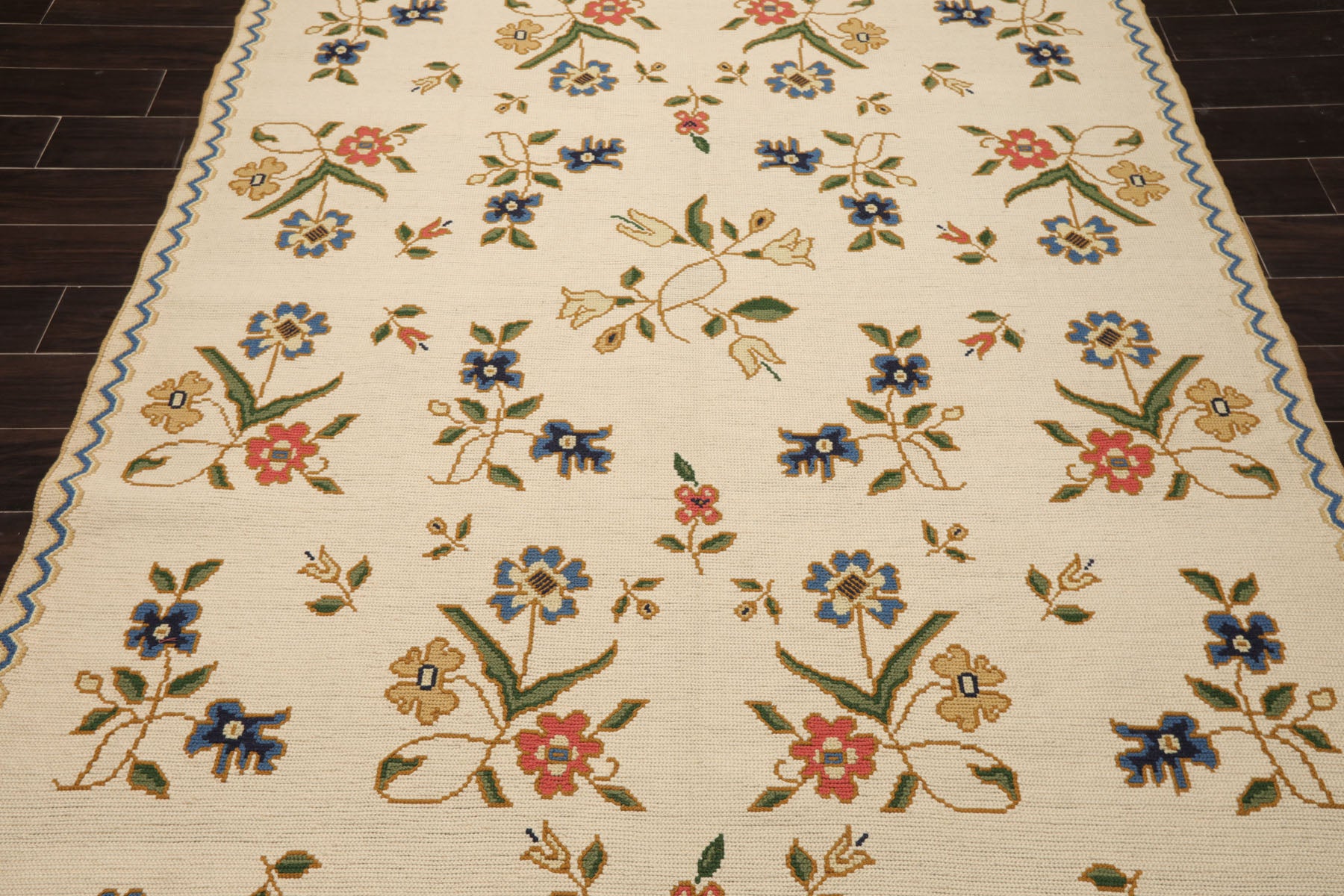 6x9 Ivory, Green, Blue Color Hand Woven Needlepoint Wool Traditional Oriental Rug