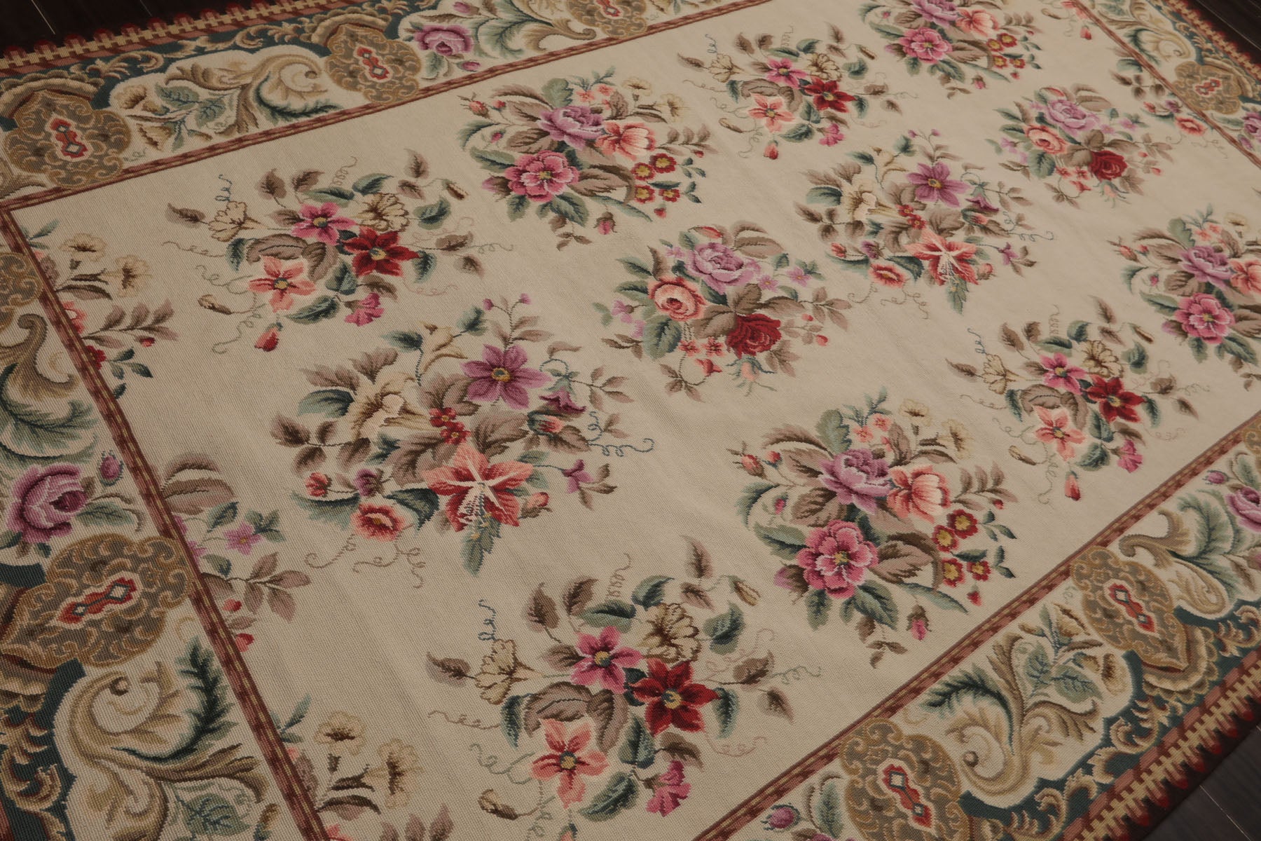 6x9 Ivory, Teal, Brown Color Hand Woven French Needlepoint Wool Traditional Oriental Rug