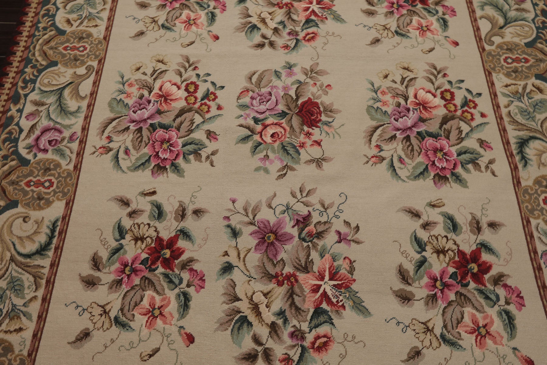 6x9 Ivory, Teal, Brown Color Hand Woven French Needlepoint Wool Traditional Oriental Rug