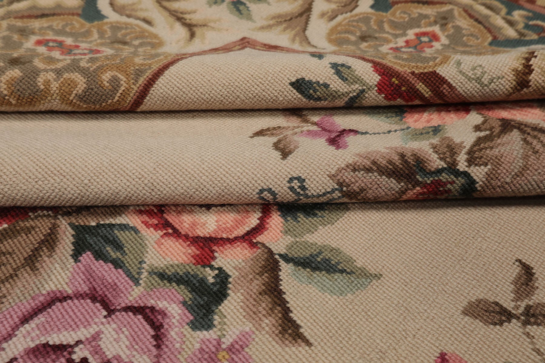 6x9 Ivory, Teal, Brown Color Hand Woven French Needlepoint Wool Traditional Oriental Rug