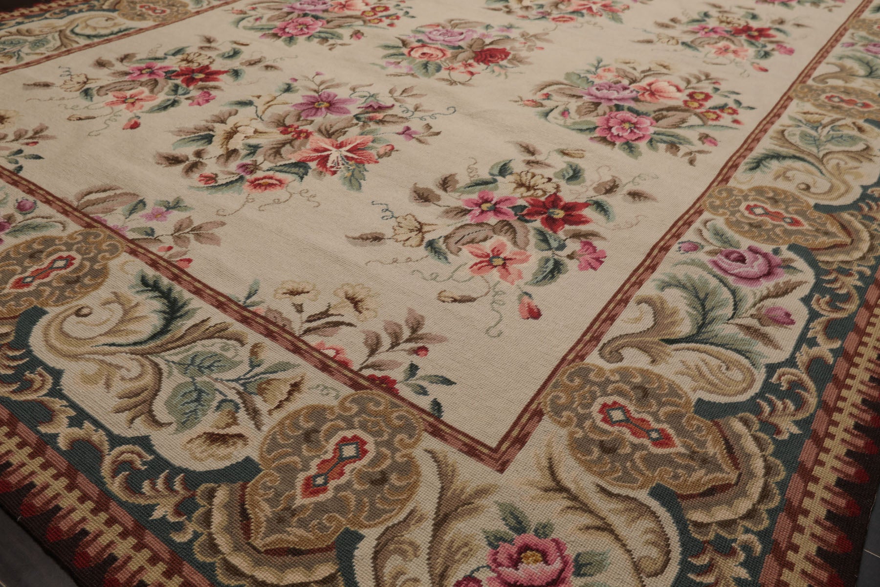 6x9 Ivory, Teal, Brown Color Hand Woven French Needlepoint Wool Traditional Oriental Rug