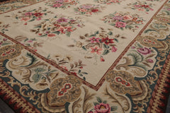 6x9 Ivory, Teal, Brown Color Hand Woven French Needlepoint Wool Traditional Oriental Rug