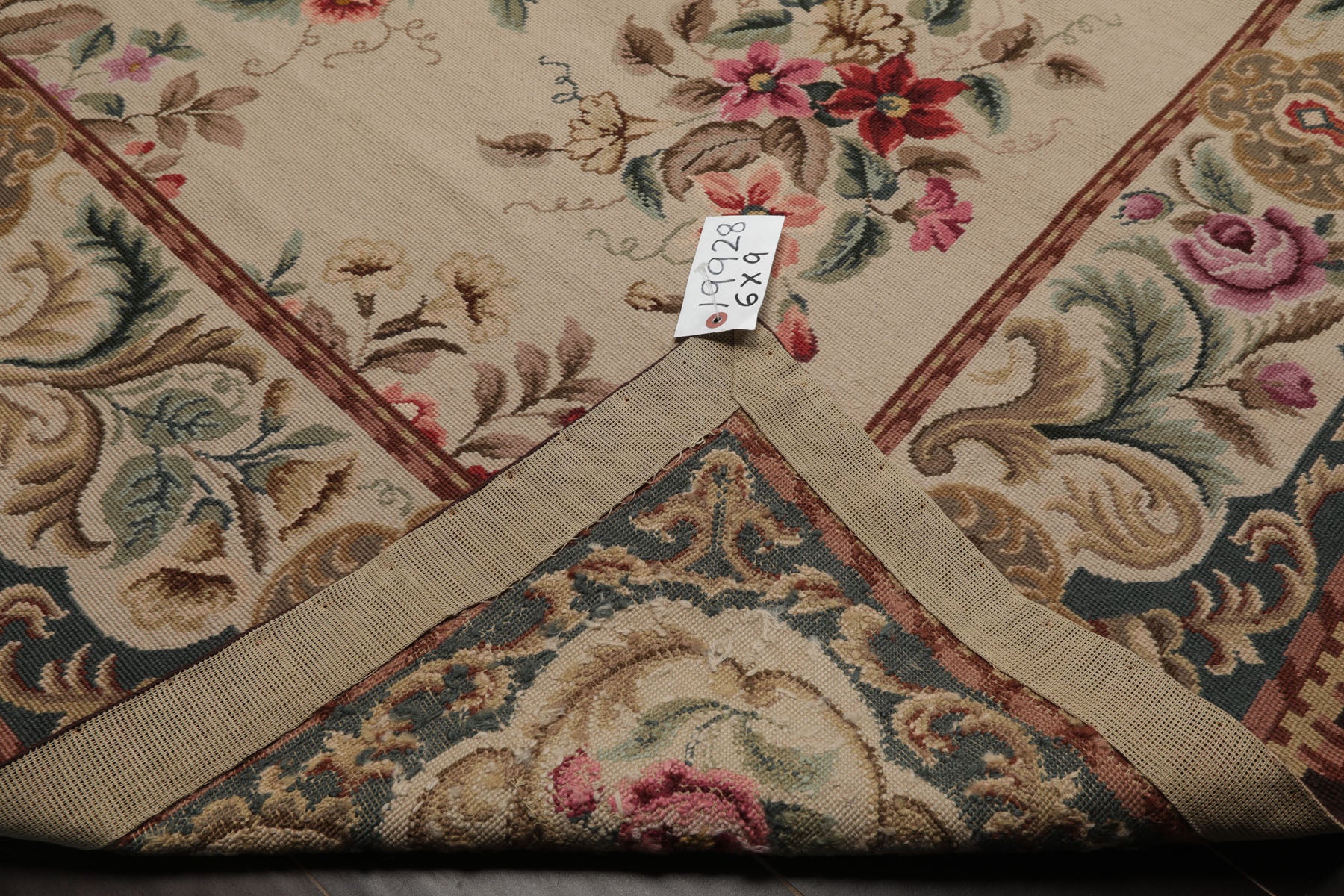 6x9 Ivory, Teal, Brown Color Hand Woven French Needlepoint Wool Traditional Oriental Rug