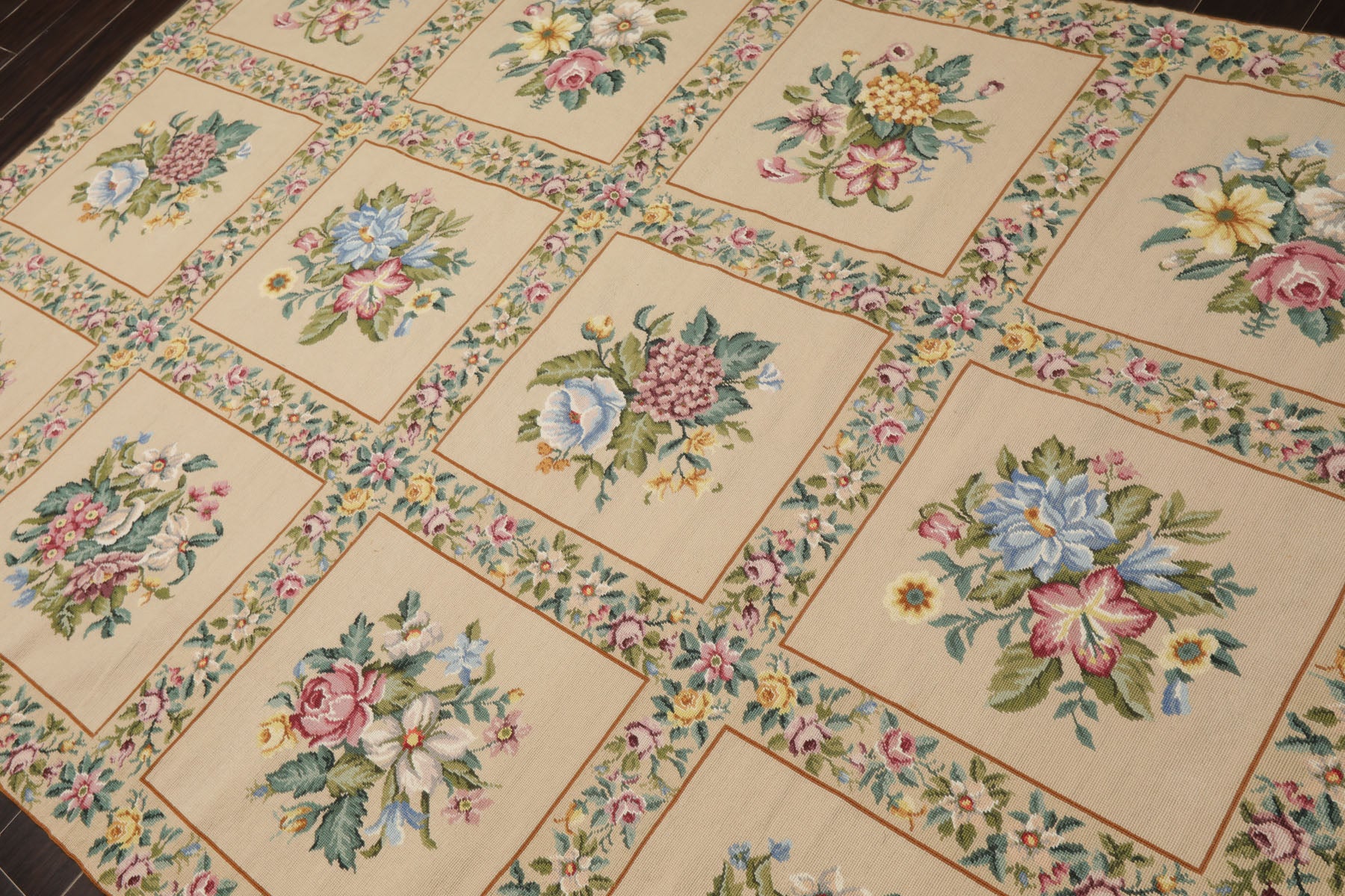 6x9 Khaki, Green, Blue Color Hand Woven French Needlepoint Wool Traditional Oriental Rug
