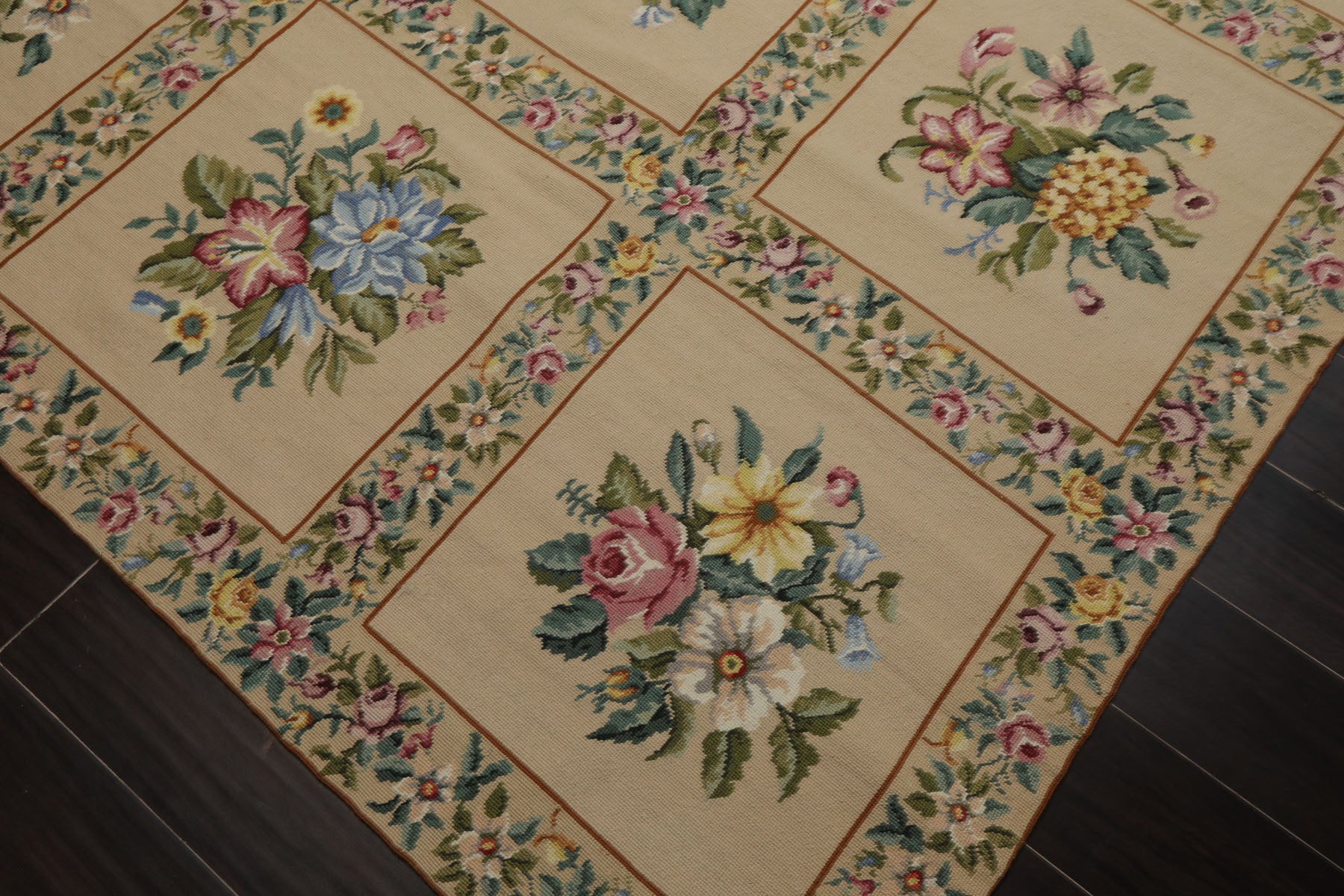 6x9 Khaki, Green, Blue Color Hand Woven French Needlepoint Wool Traditional Oriental Rug