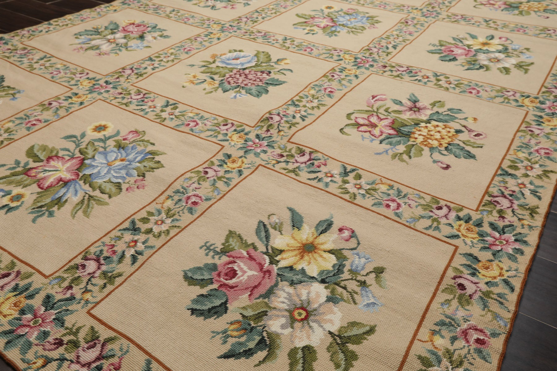 6x9 Khaki, Green, Blue Color Hand Woven French Needlepoint Wool Traditional Oriental Rug