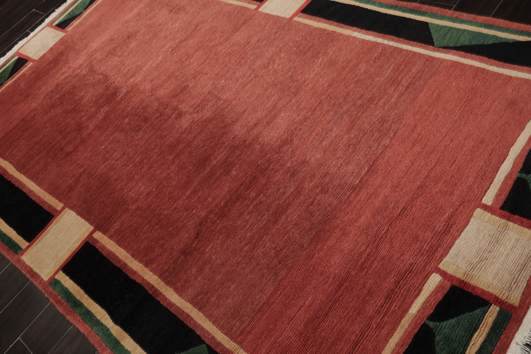 6x9 Rust, Black, Green Color Hand Knotted Tibetan New Zealand Wool Art Deco Oriental Rug