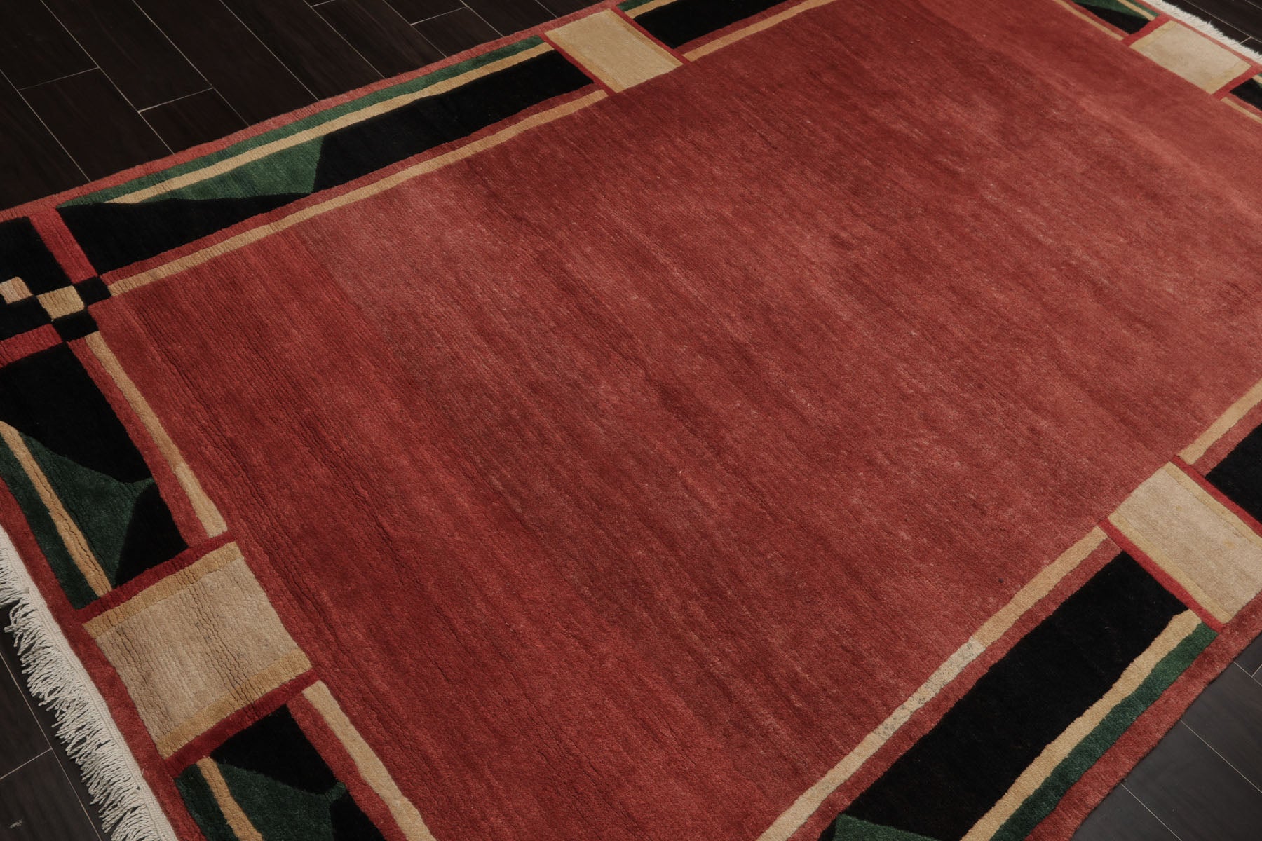 6x9 Rust, Black, Green Color Hand Knotted Tibetan New Zealand Wool Art Deco Oriental Rug