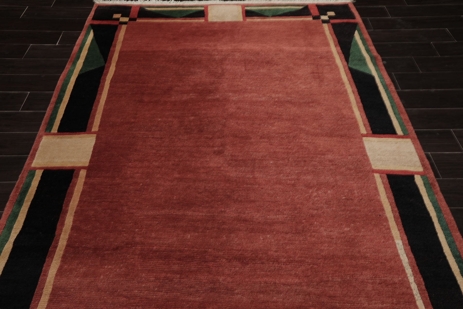 6x9 Rust, Black, Green Color Hand Knotted Tibetan New Zealand Wool Art Deco Oriental Rug