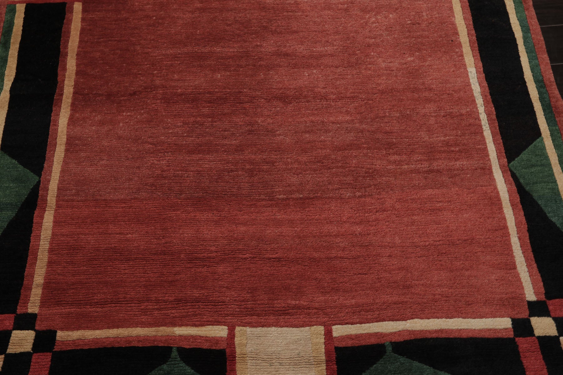 6x9 Rust, Black, Green Color Hand Knotted Tibetan New Zealand Wool Art Deco Oriental Rug