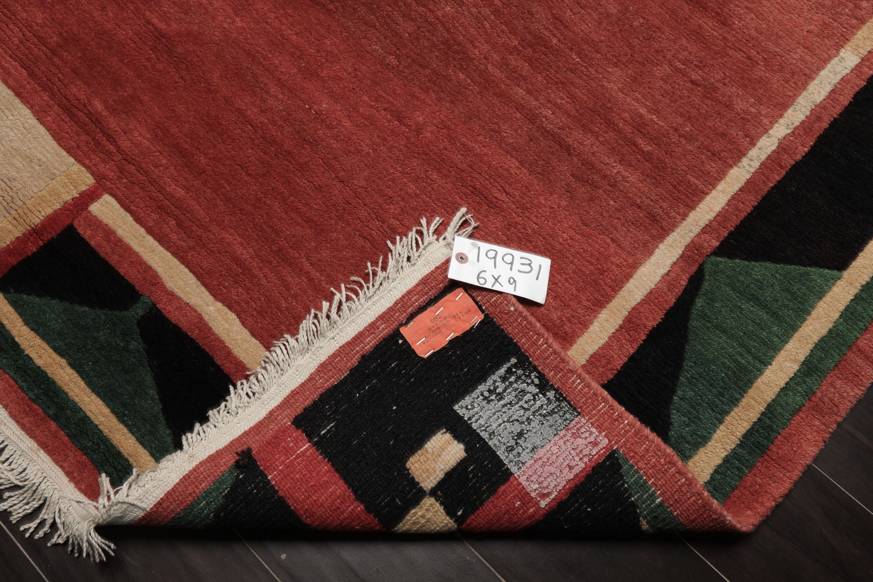 6x9 Rust, Black, Green Color Hand Knotted Tibetan New Zealand Wool Art Deco Oriental Rug