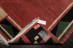 6x9 Rust, Black, Green Color Hand Knotted Tibetan New Zealand Wool Art Deco Oriental Rug