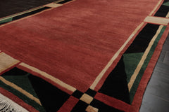 6x9 Rust, Black, Green Color Hand Knotted Tibetan New Zealand Wool Art Deco Oriental Rug
