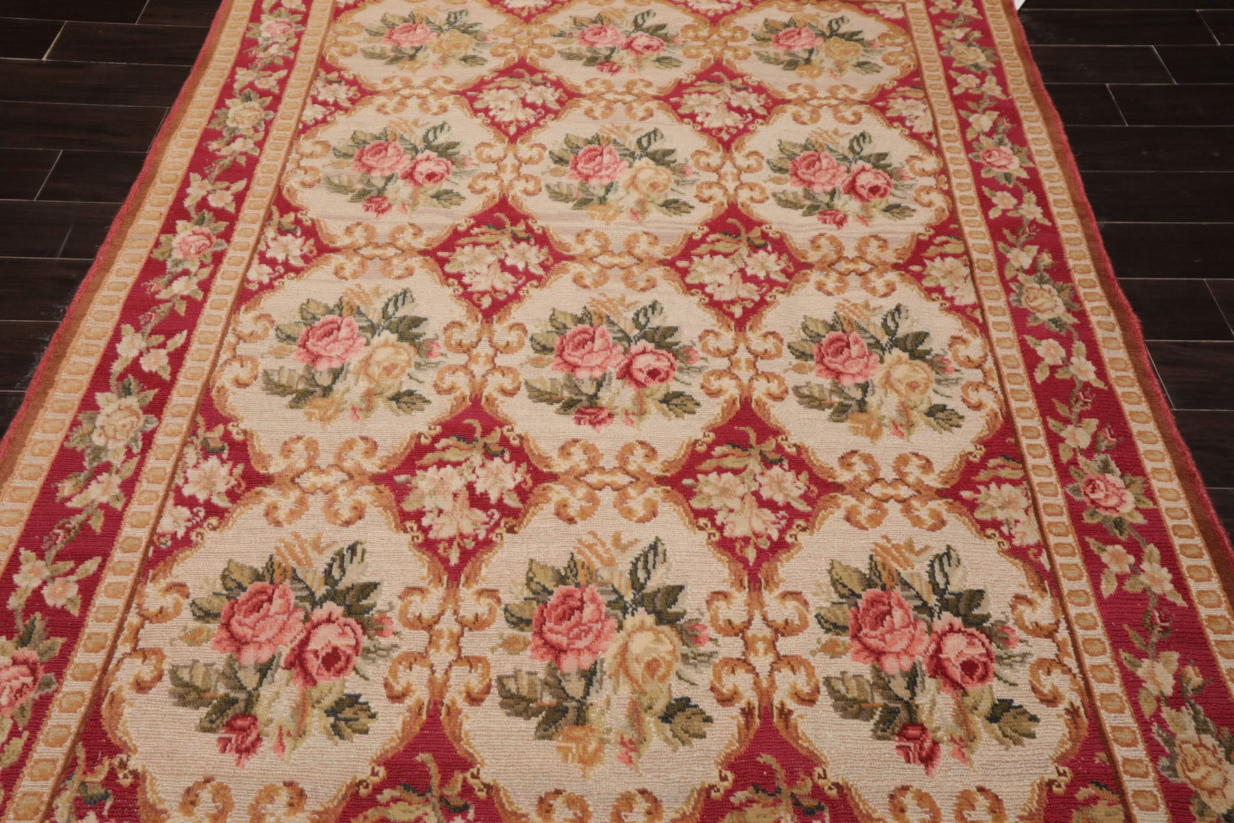 6x9 Beige, Fuschia, Green Color Hand Knotted Aubusson Savonnerrie Wool Traditional Oriental Rug